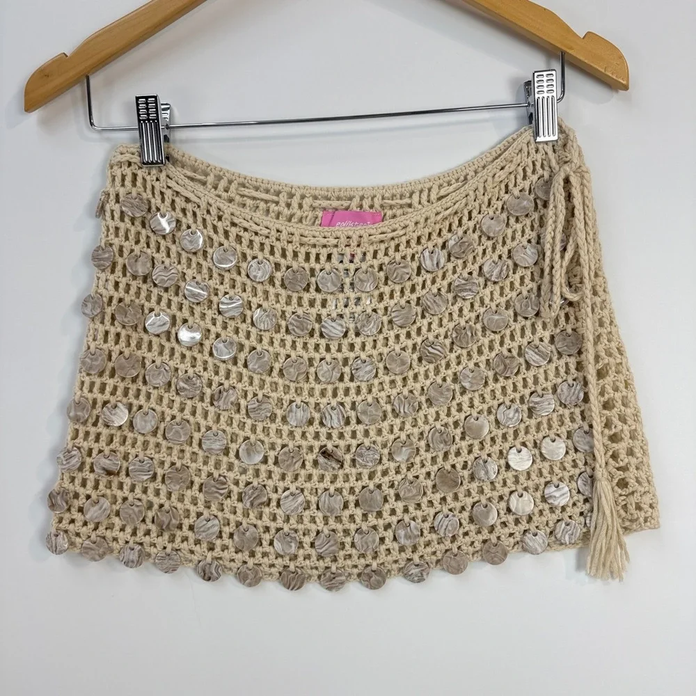 Edikted Alora Iridescent Crochet Mini Skirt Womens Size S Beige Sequin Boho Tie - Picture 2 of 10